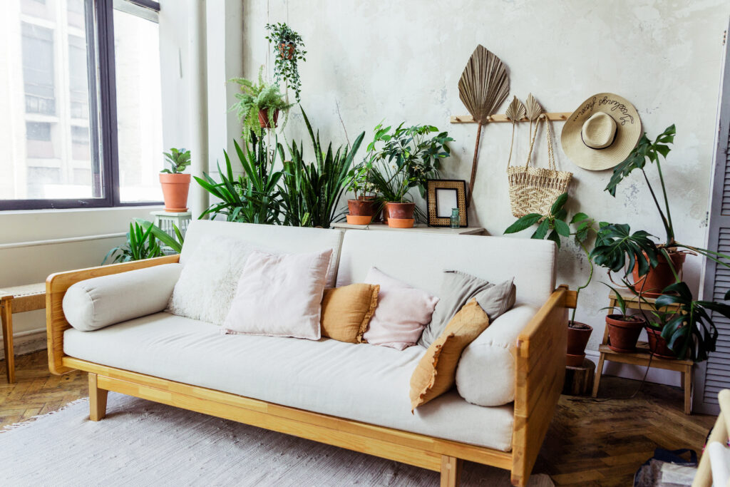 A white sofa and indoor green plants next to a window in a living room