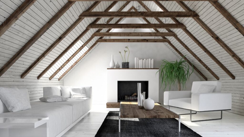 Minimalistic contemporary interior design featuring wood ceiling beams