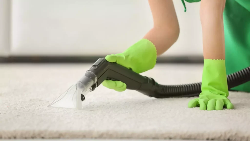 A woman that is steam cleaning a carpet