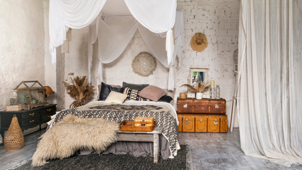 A bedroom featuring bohemian interior design