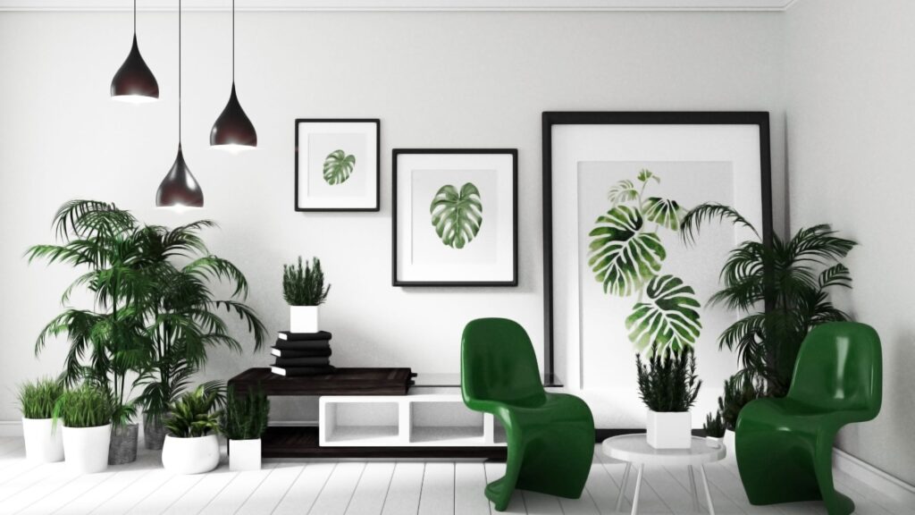 minimalist living room featuring white and emeraude green palette
