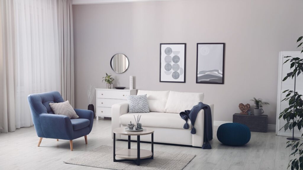 minimalist interior design featuring blue and white color palette
