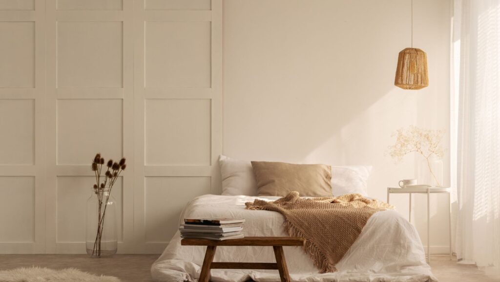 A bedroom with a neutral color palette