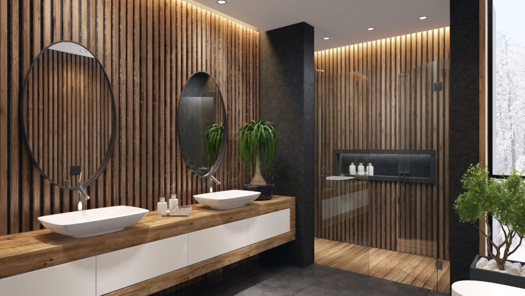 textured wood walls of a modern bathroom