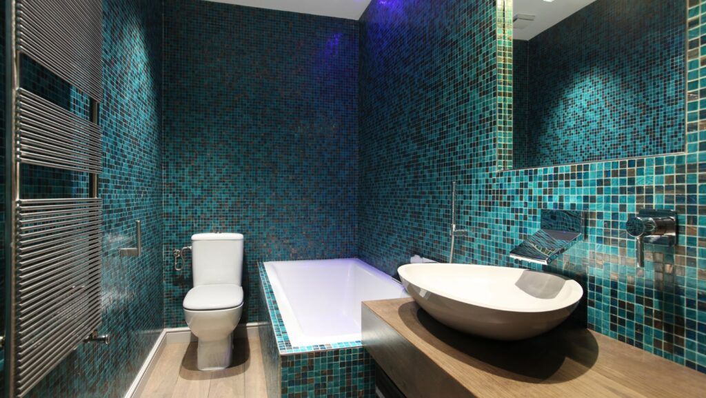 turquoise mosaic tiles in a bathroom