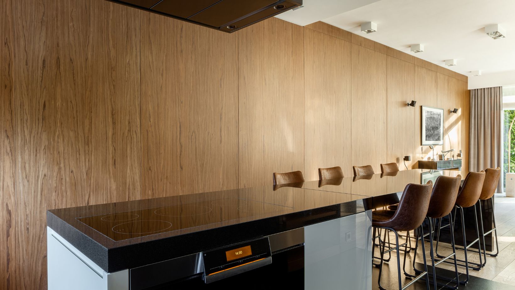 A long black kitchen island