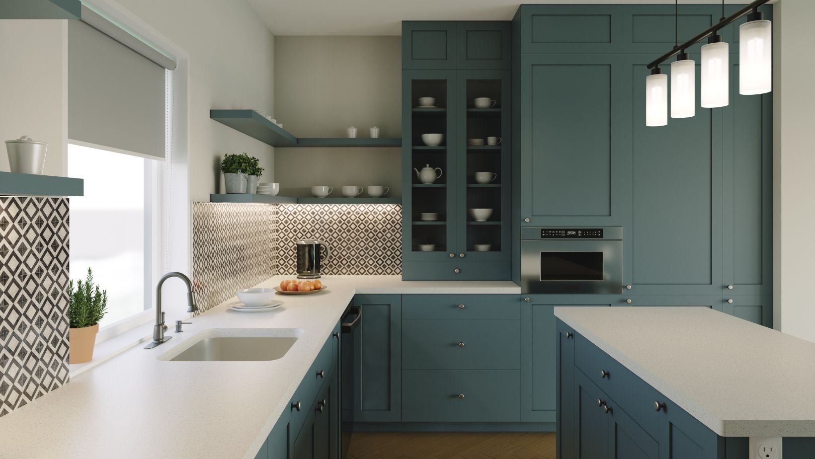 A dark green kitchen cabinets