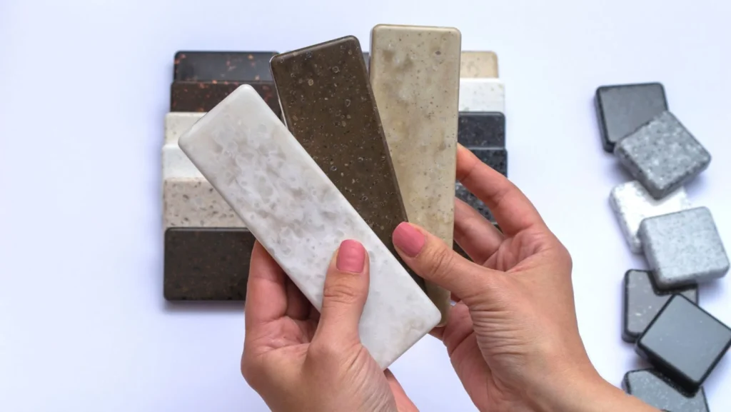 A person holding 3 samples of quartz and granite countertops in the colors beige, brown, and white